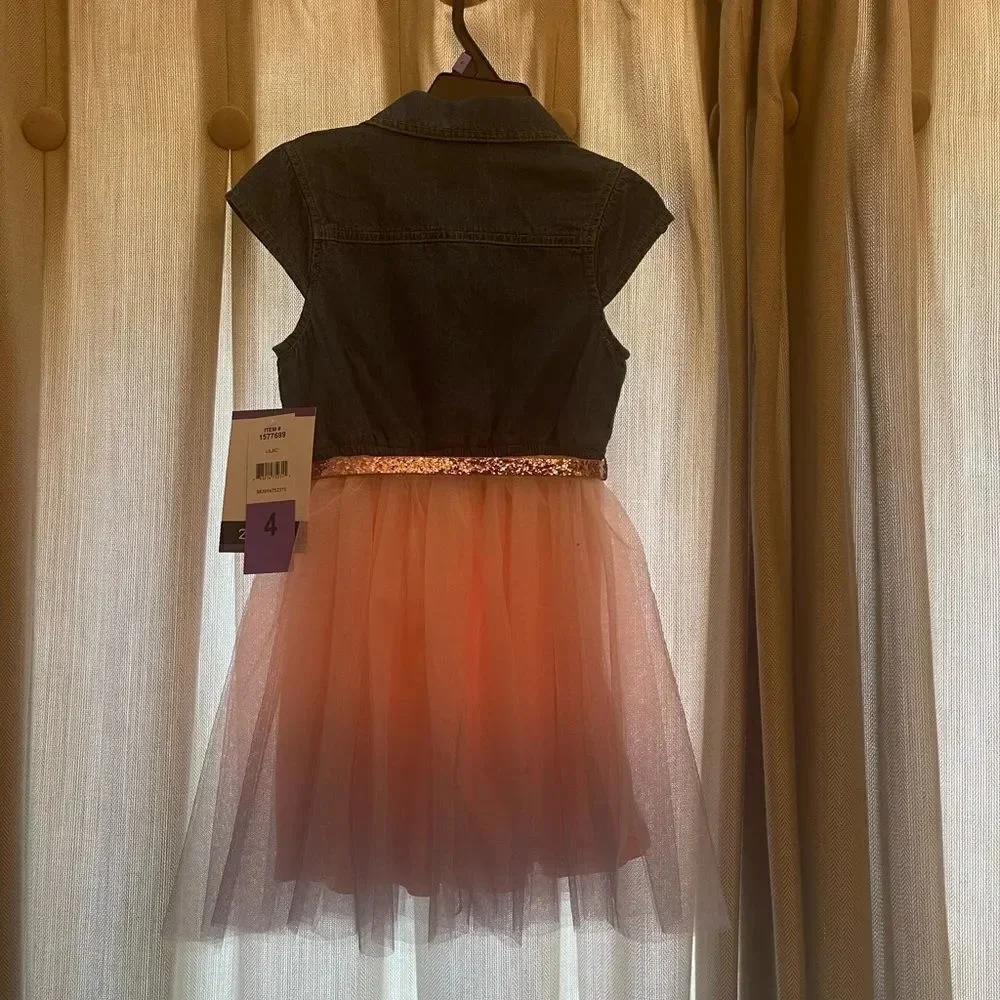 Zunie Kids' Dress size 4 Jean connected Top with Mesh Skirt & Pink Glitter Belt